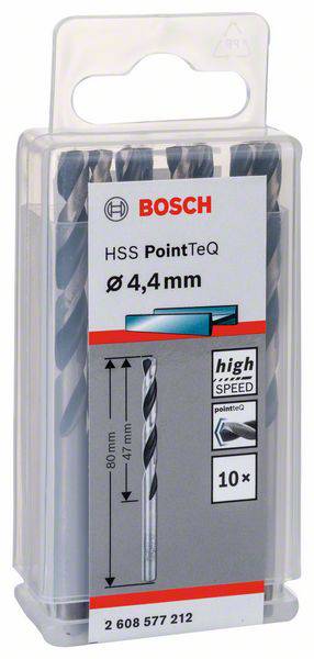 Eine transparente Plastikverpackung mit zehn Bosch HSS PointTeQ Bohrern, Durchmesser 4,4 mm, geeignet für Hochgeschwindigkeitsbohrungen.
