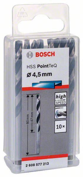 Die Verpackung enthält zehn Bosch HSS PointTeQ Bohrer mit 4,5 mm Durchmesser. Auf der Verpackung steht 'high speed' für hohe Geschwindigkeit.