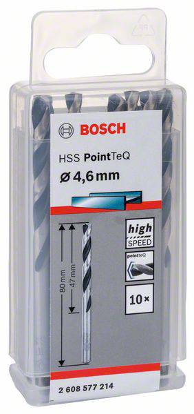 Verpackung mit 10 Bosch HSS-Bohrern, Durchmesser 4,6 mm, Länge 80 mm, für Metallbearbeitung, geeignet für präzise und schnelle Bohrungen.