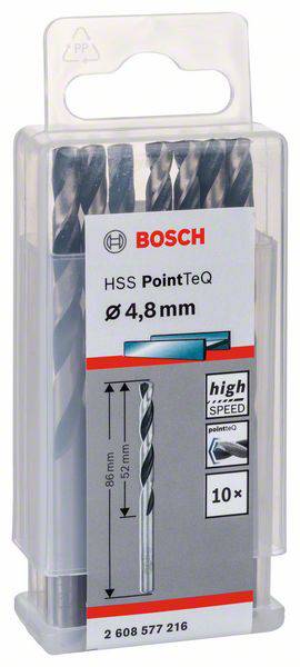 Bohrer-Set von Bosch: 10 HSS PointTeQ Bohrer, Durchmesser 4,8 mm, geeignet für Metallbohrungen, in transparenter Kunststoffbox.