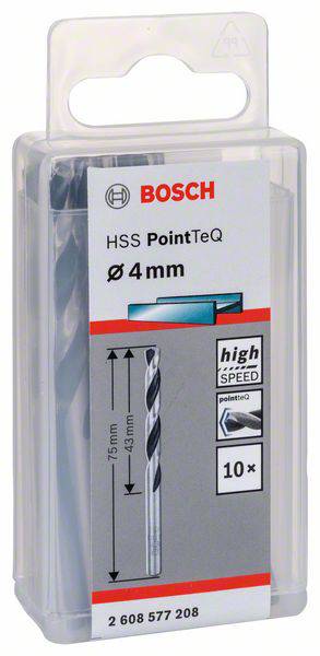 Verpackung mit Bosch Bohrer HSS PointTeQ, 4 mm Durchmesser, geeignet für High-Speed-Anwendungen, enthält 10 Stück.
