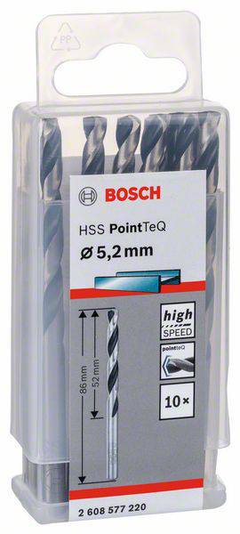 Packung mit zehn Bosch HSS PointTeQ Metallbohrern, Durchmesser 5,2 mm, geeignet für schnelle, präzise Bohrungen in Metall.