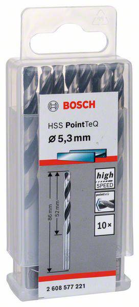 Bohraufsatzset von Bosch, Modell HSS PointTeQ, Durchmesser 5,3 mm, 10 Stück, für Metallbearbeitung, hohe Geschwindigkeit. Verpackt in Kunststoffetui.