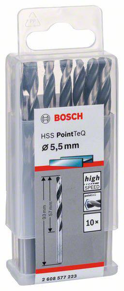 Bohraufsatzset von Bosch mit zehn 5,5 mm HSS PointTeQ Bohrern, geeignet für Hochgeschwindigkeitsbohrungen. Verpackung zeigt Produktdetails.