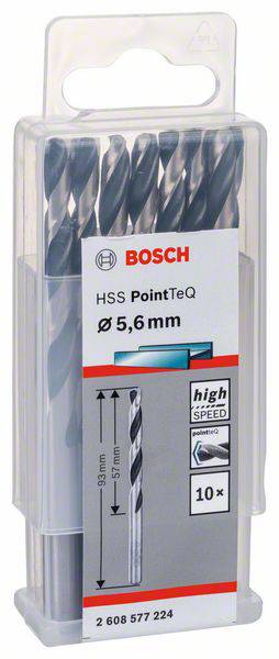 Bohraufsatz-Set von Bosch, Modell 'HSS PointTeQ', Durchmesser 5,6 mm, enthält 10 Stück, geeignet für Hochgeschwindigkeitseinsatz.