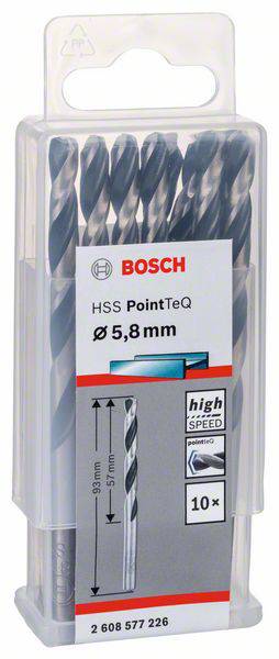 Bosch HSS PointTeQ Metallbohrer-Set, 10-teilig. Durchmesser 5,8 mm, hohe Geschwindigkeit, verpackt in Kunststoffbox.