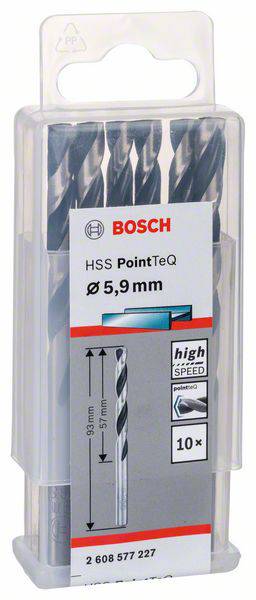 Bohraufsatz-Set von Bosch, Modell HSS PointTeQ, 5,9 mm, enthält 10 Stück. Die Verpackung zeigt Bohrer und speichert in einer Kunststoffbox.