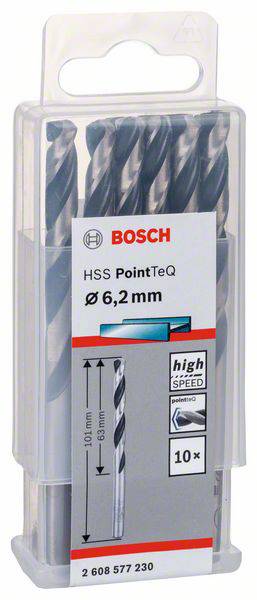 Eine Packung Bosch HSS PointTeQ Metallbohrer, Durchmesser 6,2 mm, Länge 100 mm. Enthält 10 Stück.