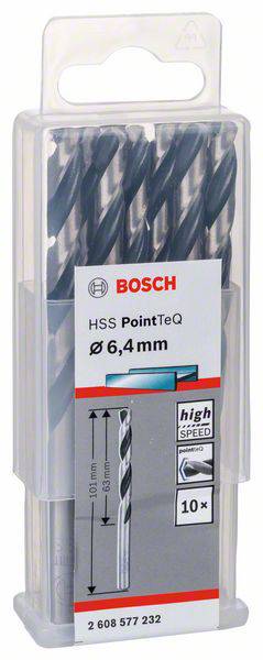 Eine Packung Bosch HSS PointTeQ Metallbohrer, Größe 6,4 mm, geeignet für Hochgeschwindigkeit, enthält 10 Bohrer.