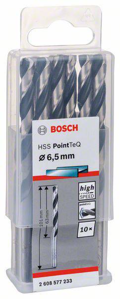 Verpackung mit zehn Bosch HSS PointTeQ Bohrern, Durchmesser 6,5 mm, geeignet für schnelles Bohren in Metall.