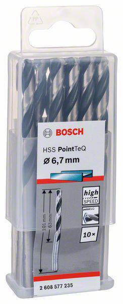 Verpackung mit zehn Bosch HSS PointTeQ Bohrern, Ø 6,7 mm. Geeignet für schnelles Bohren in Metall. Enthält Größengrafik.