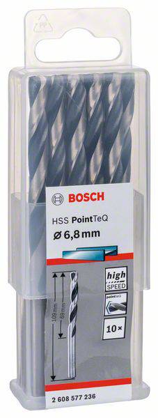 Bohrer-Set von Bosch: HSS PointTeQ, Durchmesser 6,8 mm, geeignet für schnelles Bohren in Metall. Verpackung aus Kunststoff, transparent.