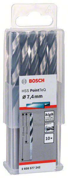 Produktfoto von Bosch-Bohrern: 'HSS PointTeQ 7,4 mm'. Enthält 10 Hochgeschwindigkeits-Bohrer in transparenter Verpackung.