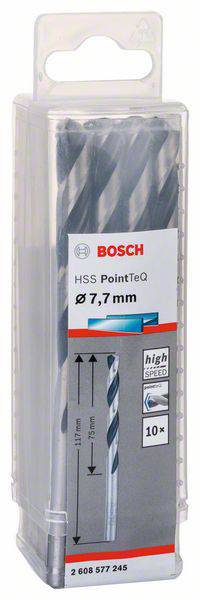 Packung mit Bosch HSS PointTeQ Bohrern, Größe Ø 7,7 mm, 10 Stück, geeignet für Metallbearbeitung. Enthält Produktbild, Logo und Größenangabe.