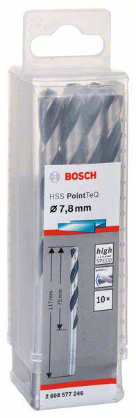 Eine Packung mit Bohrern, Marke Bosch, Modell HSS PointTeQ, Durchmesser 7,8 mm, Länge 117 mm, für Metall geeignet, 10 Stück.