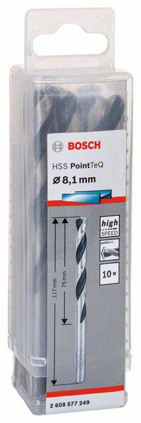 Packung mit Bosch HSS PointTeQ Bohrern, Durchmesser 8,1 mm, 10 Stück, geeignet für schnelles Bohren in Metall.