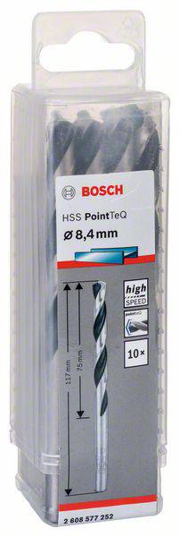 Verpackung mit Bosch HSS PointTeQ Metallbohrern, Ø 8,4 mm, 10 Stück. Bild zeigt 'High Speed' und Bohrerlänge von 117 mm.