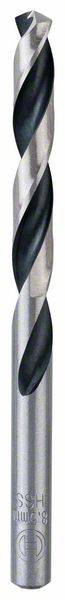 Ein glänzender Spiralbohrer aus Metall, schmal und zylinderförmig, mit zwei schräg verlaufenden Nuten in dunkler Farbe zur Spanabfuhr.