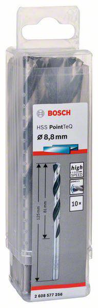 Packung mit Bosch HSS PointTeQ Bohrern, Durchmesser 8,8 mm, 10 Stück, für Hochgeschwindigkeitsbohren geeignet.