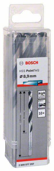 Bohrer-Set von 'Bosch' in transparenter Verpackung. Enthält zehn 8,9 mm HSS-Bohrer, geeignet für Hochgeschwindigkeitsanwendungen.