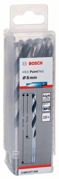 Verpackung mit 10 Bosch Bohrer HSS PointTeQ, ø 8 mm, Länge 117 mm. Aufschrift: 'high speed steel'. Verpackung aus klarem Kunststoff.