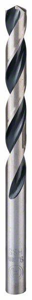 Ein Metallbohrer mit Spiralnut, geeignet zum Bohren in Materialien wie Stahl oder Holz. Silberfarben mit schwarzer Spitze.