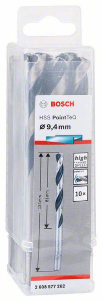Bohrerpackung mit Bosch-Logo, 'HSS PointTeQ', Durchmesser 9,4 mm, Länge 125 mm, Einsatz für Metallbearbeitung.