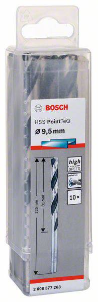 Verpackung eines Bosch HSS PointTeQ Metallbohrers, Durchmesser 9,5 mm, Länge 125 mm, geeignet für Metall, enthält 10 Stück.