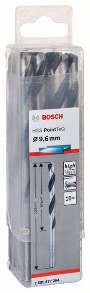Verpackung mit 10 HSS-Bohrern der Größe Ø 9,6 mm von Bosch, beschriftet mit 'High Speed'.