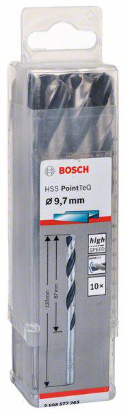 Bohrer-Set von Bosch, HSS PointTeQ, Größe 9,7 mm, geeignet für Hochgeschwindigkeitsbohren, verpackt in durchsichtigem Kunststoffetui.