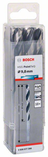 Bosch HSS PointTeQ Bohrer-Set, Größe 9,8 mm, 10 Stück. Ideal für schnelles Bohren in Metall. Verpackung mit Produktinformationen.
