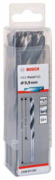 Eine Packung mit einem Bosch Bohrer, Modell HSS PointTeQ, Durchmesser 9,9 mm, geeignet für High-Speed-Bohrungen, enthält 10 Stück.