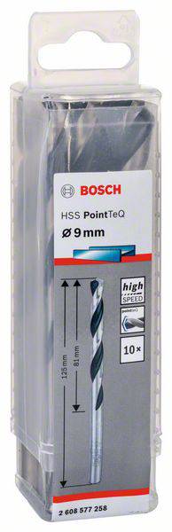 Bohrer von Bosch im Plastikbehälter, 9 mm Durchmesser, 'HSS PointTeQ', geeignet für Hochgeschwindigkeitsanwendungen, 10 Stück.
