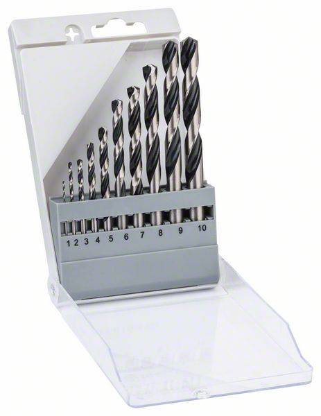 Ein geöffneter Kasten mit zehn Spiralbohrern in verschiedenen Größen, nummeriert von 1 bis 10.