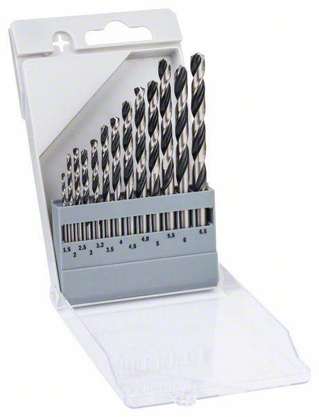 Ein Set von zehn Metallbohrern in einer offenen Plastikverpackung, mit aufgedruckten Größenangaben von 1 bis 6,5 mm.