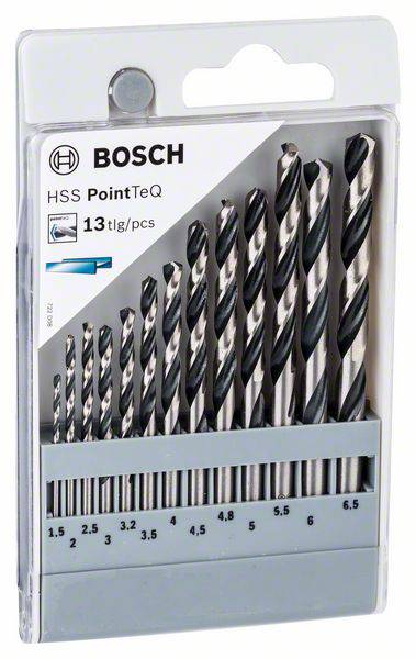 Satz von 13 Bosch HSS PointTeQ Bohrern in verschiedenen Größen von 1,5 bis 6,5 mm, in transparenter Kunststoffverpackung.