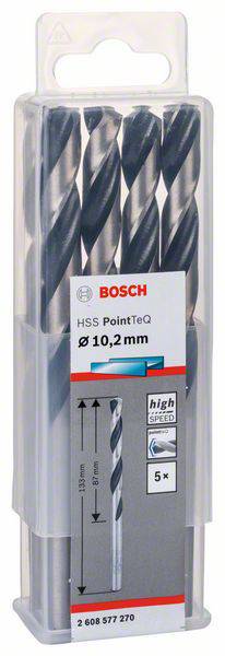 'Bosch HSS PointTeQ Metallbohrer-Set', bestehend aus fünf 10,2 mm Bohrern, geeignet für schnelles und präzises Bohren in Metall.