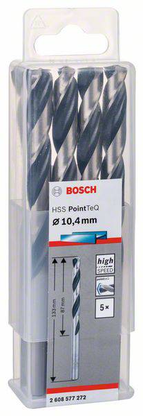 Verpackung mit Bosch HSS PointTeQ Bohrern, Durchmesser 10,4 mm, 5 Stück, geeignet für Metallbohren, hohe Geschwindigkeit.