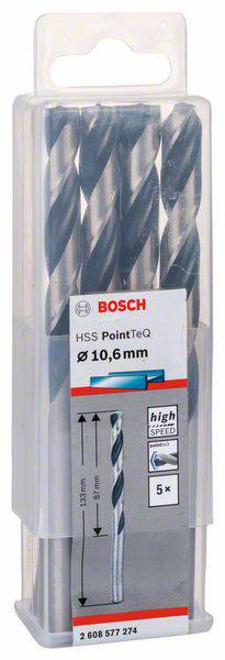 Bohrer-Set von Bosch 'HSS PointTeQ' mit 5 Bohrern, Durchmesser: 10,6 mm. Verpackung zeigt Produktdetails und Maße.