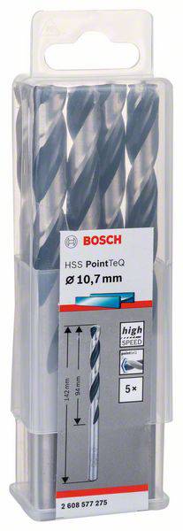 Metallbohrer-Set von Bosch, Modell 'HSS PointTeQ', Durchmesser 10,7 mm, 5-teilig, Verpackung zeigt hochwertige Bohrer.