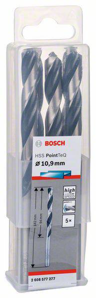 Bohrer-Set von Bosch, HSS PointTeQ, fünf Stück, Durchmesser 10,9 mm. Verpackt in einer transparenten Kunststoffbox.