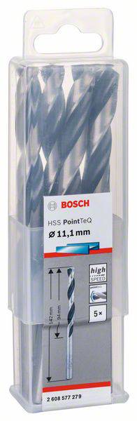 Bohrer-Set von Bosch, HSS PointTeQ, Durchmesser 11,1 mm, 5 Stück, in Kunststoffverpackung.
