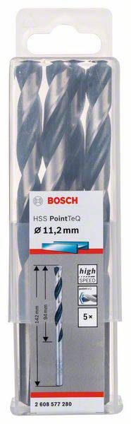Ein Set aus fünf Bosch HSS Bohrern, PointTeq, mit einem Durchmesser von 11,2 mm für Metallbohren, in einer transparenten Kunststoffverpackung.