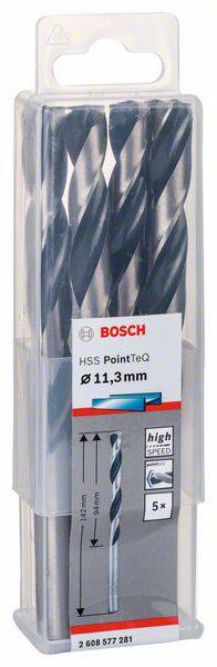 Verpackung mit fünf Bosch HSS-Bohrern in der Größe 11,3 mm. Geeignet für Metallbohrungen. Markenname und Größe sind deutlich sichtbar.