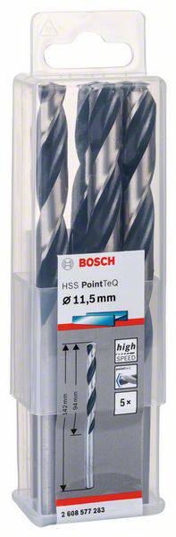 Das Bild zeigt eine Verpackung mit fünf Bosch HSS PointTeQ Spiralbohrern, Durchmesser 11,5 mm, mit Etiketten für Geschwindigkeit und Details.