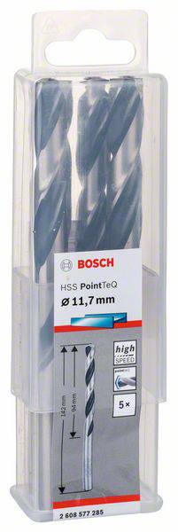 Verpackung mit fünf Bosch HSS PointTeQ Metallbohrern, Durchmesser 11,7 mm, Länge 151 mm, geeignet für Holz und Metall.