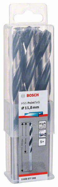 Eine Packung Bosch Metallbohrer, HSS PointTeQ, Durchmesser 11,8 mm, 5 Stück. Verpackung zeigt Produktdetails und Logo.