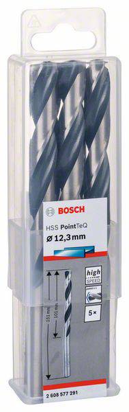 Eine Packung mit fünf Bosch HSS-Bohrern, Durchmesser 12,3 mm, geeignet für Metall. Verpackung zeigt Produktdetails und Abbildung.