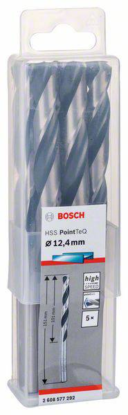 Set mit fünf Bosch HSS PointTeq Bohrern, Durchmesser 12,4 mm, geeignet für Metallbohrungen. Verpackt in transparenter Box.