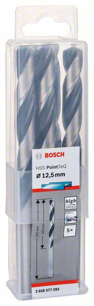 Verpackung mit fünf Bosch HSS PointTeQ Bohrern, Durchmesser 12,5 mm. Geeignet für Metallbohrarbeiten, hohe Geschwindigkeit und Präzision.